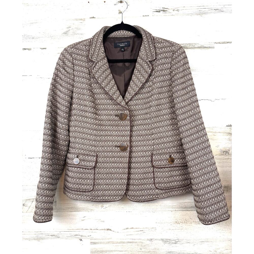 Talbots Womens 8 Brown Tweed Wool Blend Lined Classic Blazer Preppy Workwear